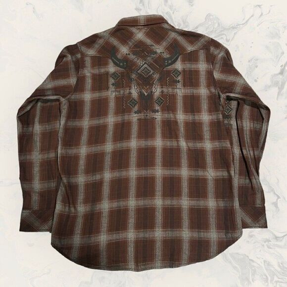 Ryan Michael Western Aztec Embroidered Long Sleeve Brown Snap Button Men’s XL - Picture 7 of 9
